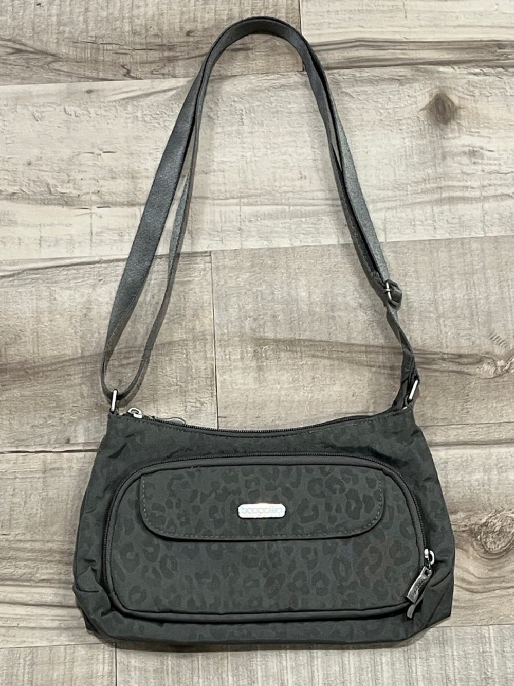 Baggallini Gray Leopard-Print Crossbody Bag with adjustable strap and billfold